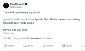 Em sua conta no X, o elon musk criticou um megaprojeto fiscal do governo, chamou o presidente de "ingrato" e fez postagens ligando Trump ao caso Jeffrey Epstein.